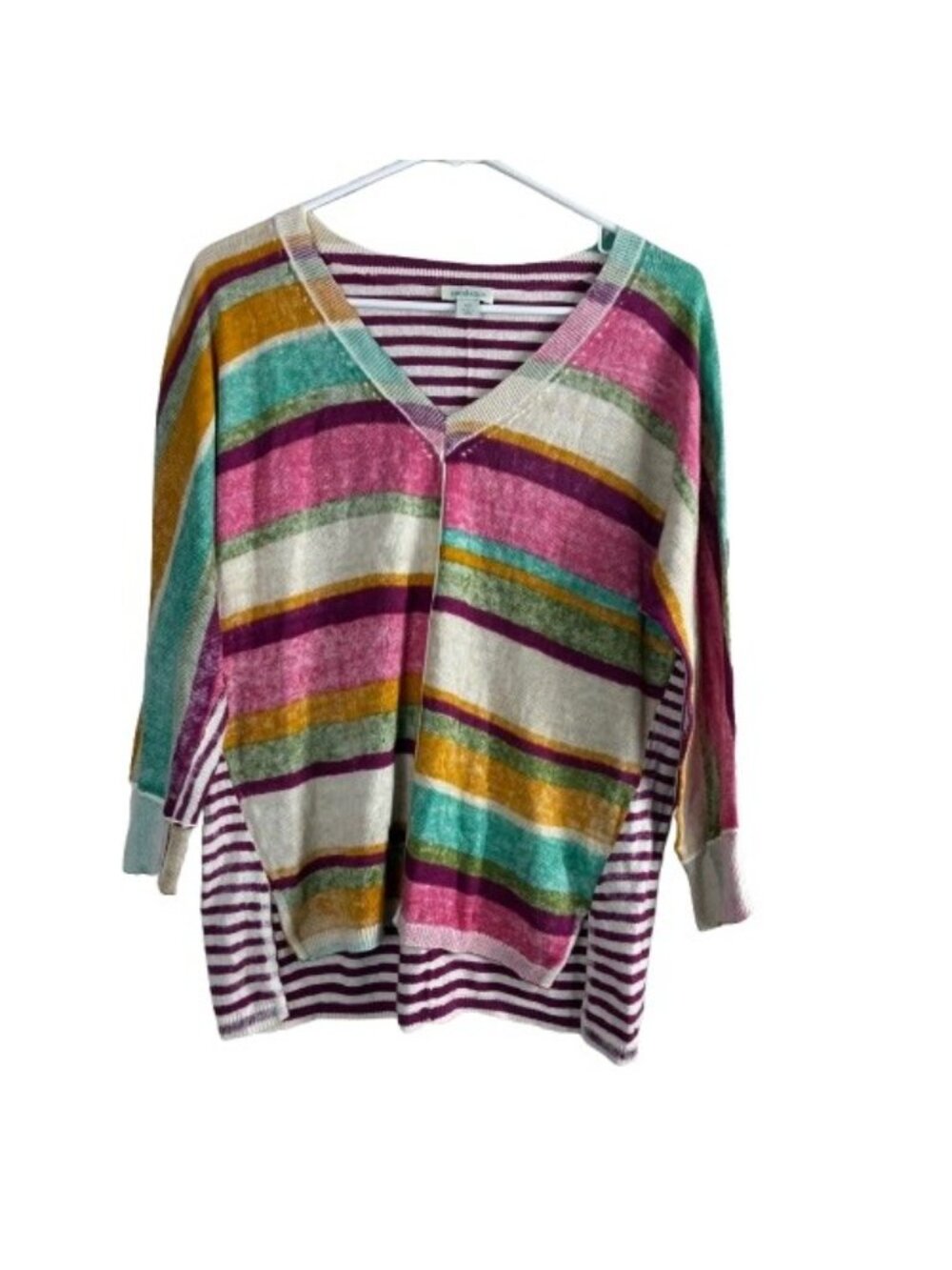 Sundance Johanna V-Neck Rainbow Striped Lightweight Sweater Sz XS  Beachy Oversi